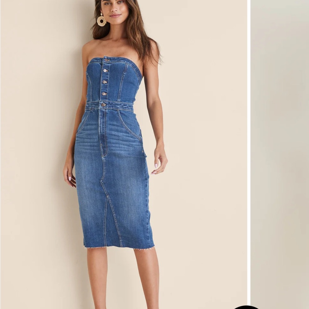 VENUS Blue Sheath Strapless Midi Dress